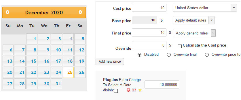 virtuemart charge for selecting a date